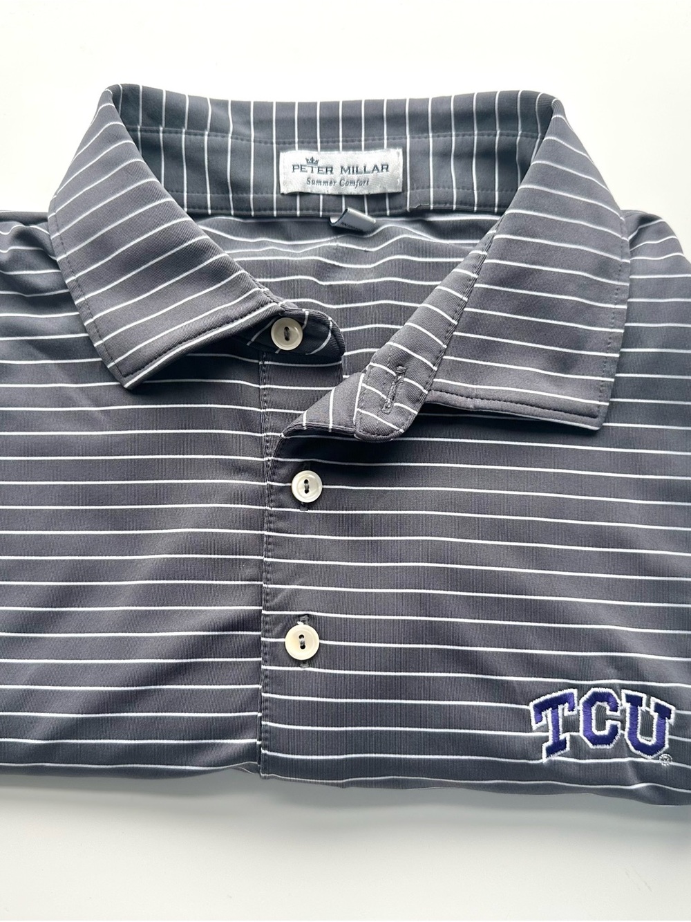Peter Millar Gray Pinstripe Polo with TCU Embroidery